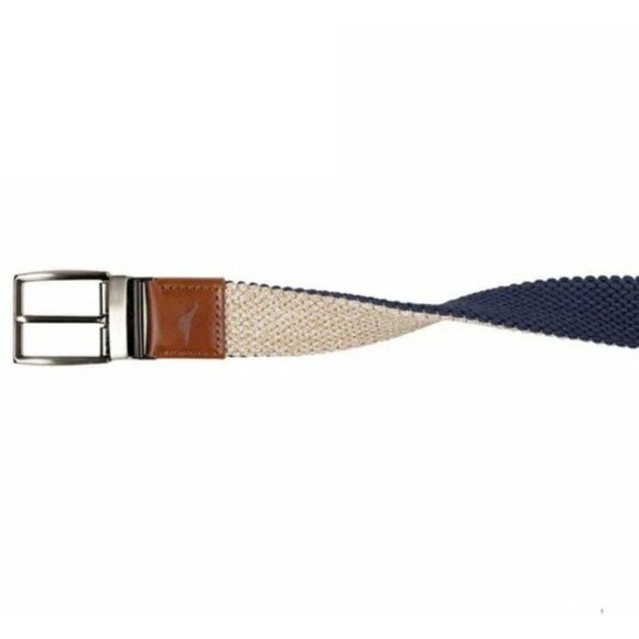 Tommy Bahama Reversible Stretch Belt Size Large/XL Navy Khaki Leather Trim NEW - Picture 2 of 9